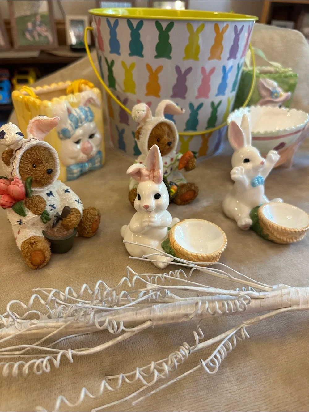 Easter Bunny Ceramic Egg Holders and Decorative Bucket - White